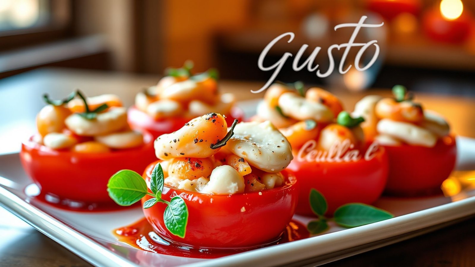 Tomates farcies aux scampis et stracciatella